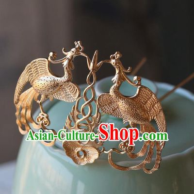 Traditional Chinese Tang Dynasty Phoenix Golden Hairpins Headdress Ancient Court Hair Accessories for Women