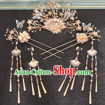Traditional Chinese Bride Pearls Hair Comb and Tassel Hairpins Headdress Ancient Wedding Hair Accessories for Women