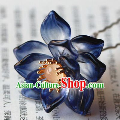 Traditional Chinese Tang Dynasty Blue Lotus Hairpins Headdress Ancient Court Hair Accessories for Women
