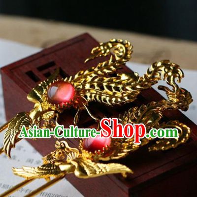 Traditional Chinese Tang Dynasty Golden Phoenix Hairpins Headdress Ancient Court Hair Accessories for Women