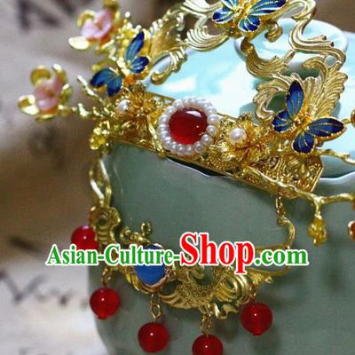 Traditional Chinese Ming Dynasty Golden Hairpins Headdress Ancient Court Hair Accessories for Women