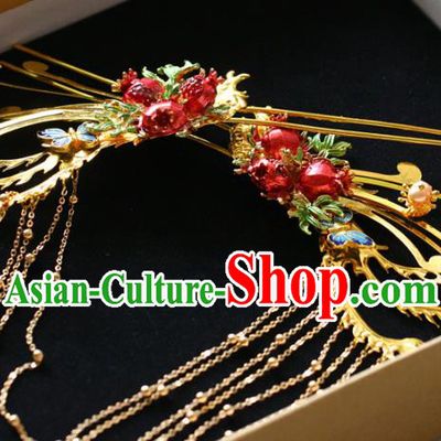 Traditional Chinese Ming Dynasty Red Pomegranate Tassel Hairpins Headdress Ancient Court Hair Accessories for Women