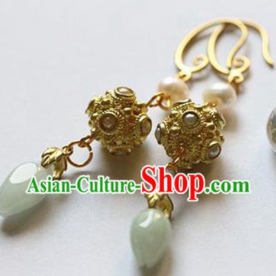 Traditional Chinese Handmade Jade Golden Earrings Ancient Hanfu Ear Accessories for Women