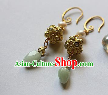 Traditional Chinese Handmade Jade Golden Earrings Ancient Hanfu Ear Accessories for Women Traditional Chinese Handmade Jade Golden Earrings Ancient Hanfu Ear Accessories for Women