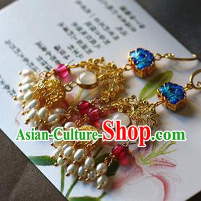 Traditional Chinese Handmade Blueing Lotus Pearls Tassel Earrings Ancient Hanfu Ear Accessories for Women