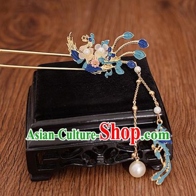 Traditional Chinese Handmade Blue Phoenix Tassel Hairpin Headdress Ancient Hanfu Hair Accessories for Women