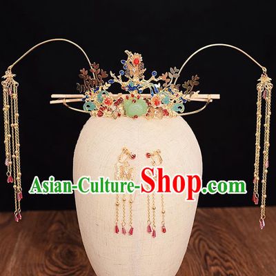 Traditional Chinese Bride Jade Lotus Phoenix Coronet Headdress Ancient Wedding Hair Accessories for Women