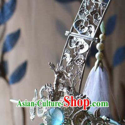 Traditional Chinese Argent Dragons Hairdo Crown and Hairpin Headdress Ancient Swordsman Hair Accessories for Men