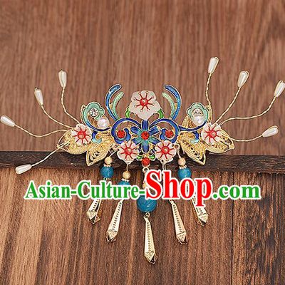 Traditional Chinese Handmade Blue Hair Comb Headdress Ancient Hanfu Hair Accessories for Women
