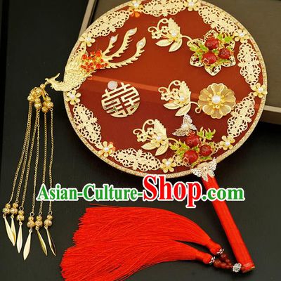 Traditional Chinese Classical Red Silk Round Fans Ancient Hanfu Wedding Palace Fan for Women