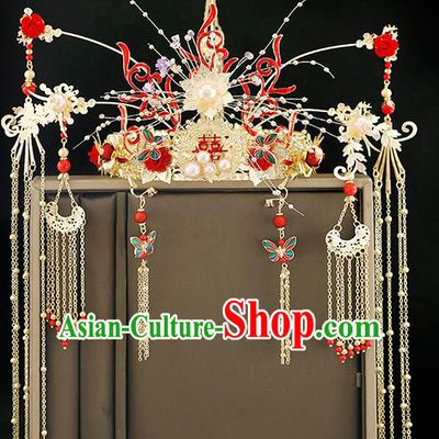 Traditional Chinese Bride Red Rose Phoenix Coronet Headdress Ancient Wedding Hair Accessories for Women