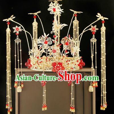 Traditional Chinese Bride Red Plum Blossom Phoenix Coronet Headdress Ancient Wedding Hair Accessories for Women
