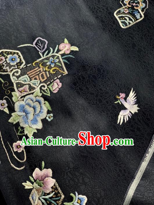 Chinese Traditional Embroidered Crane Flowers Pattern Design Black Silk Fabric Asian Hanfu Material Chinese Traditional Embroidered Crane Flowers Pattern Design Black Silk Fabric Asian Hanfu Material