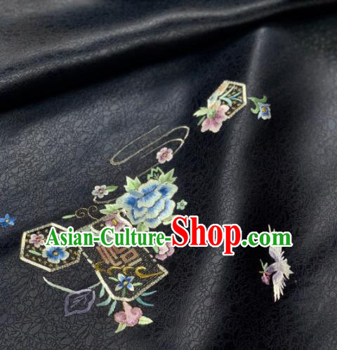 Chinese Traditional Embroidered Crane Flowers Pattern Design Black Silk Fabric Asian Hanfu Material Chinese Traditional Embroidered Crane Flowers Pattern Design Black Silk Fabric Asian Hanfu Material