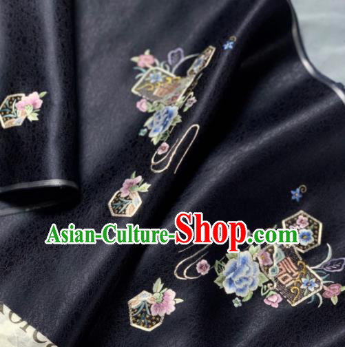 Chinese Traditional Embroidered Crane Flowers Pattern Design Black Silk Fabric Asian Hanfu Material Chinese Traditional Embroidered Crane Flowers Pattern Design Black Silk Fabric Asian Hanfu Material