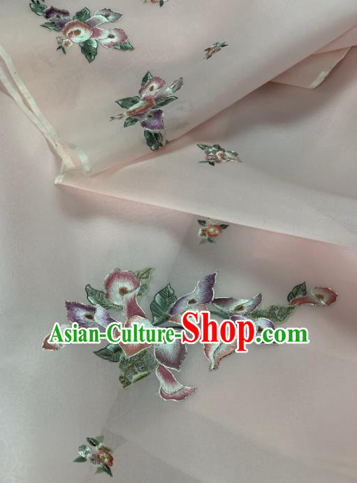 Chinese Traditional Embroidered Flowers Pattern Design Pink Silk Fabric Asian Hanfu Material
