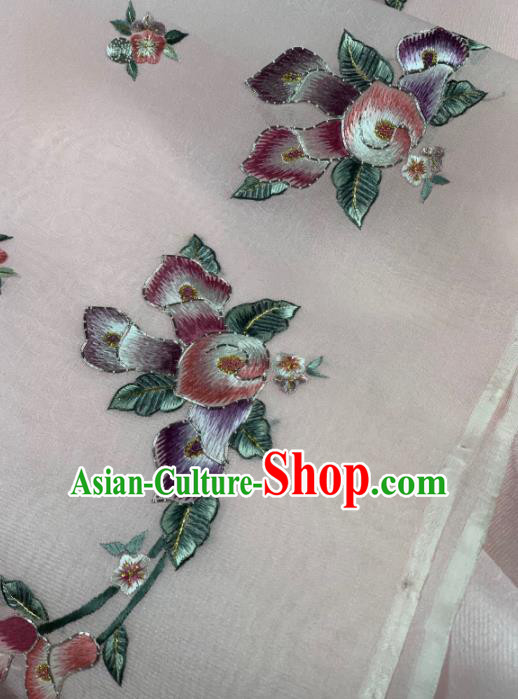 Chinese Traditional Embroidered Flowers Pattern Design Pink Silk Fabric Asian Hanfu Material