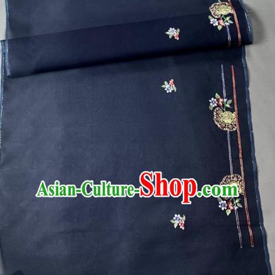 Chinese Traditional Embroidered Pattern Design Navy Silk Fabric Asian Hanfu Material