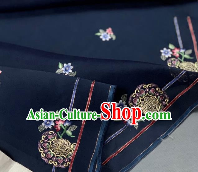 Chinese Traditional Embroidered Pattern Design Navy Silk Fabric Asian Hanfu Material Chinese Traditional Embroidered Pattern Design Navy Silk Fabric Asian Hanfu Material
