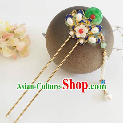 Traditional Chinese Qing Dynasty Cloisonne Jade Hairpin Headdress Ancient Court Hair Accessories for Women