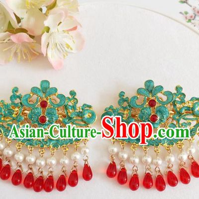 Traditional Chinese Qing Dynasty Red Beads Tassel Hairpins Headdress Ancient Court Hair Accessories for Women