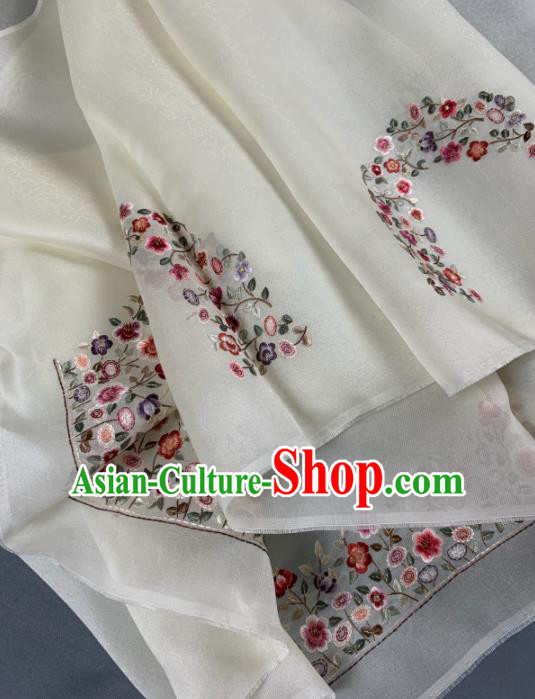 Chinese Traditional Embroidered Flowers Pattern Design Beige Silk Fabric Asian Hanfu Material