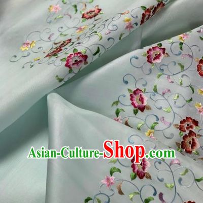 Chinese Traditional Embroidered Flowers Pattern Design Light Green Silk Fabric Asian Hanfu Material