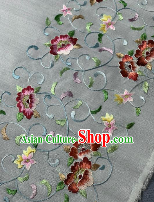 Chinese Traditional Embroidered Flowers Pattern Design Light Green Silk Fabric Asian Hanfu Material