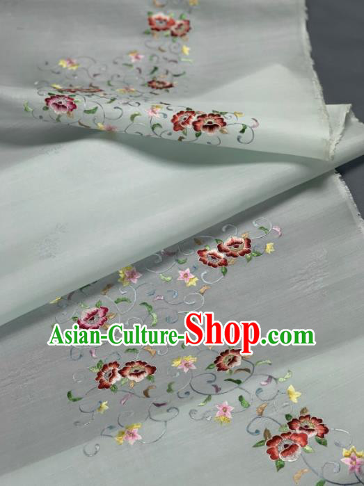 Chinese Traditional Embroidered Flowers Pattern Design Light Green Silk Fabric Asian Hanfu Material