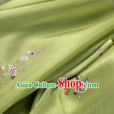 Chinese Traditional Embroidered Peony Pattern Design Green Silk Fabric Asian Hanfu Material