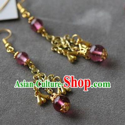 Traditional Chinese Handmade Purple Beads Earrings Ancient Hanfu Ear Accessories for Women