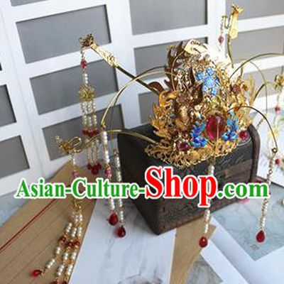 Traditional Chinese Wedding Garnet Phoenix Coronet Headdress Ancient Court Queen Hair Accessories for Women