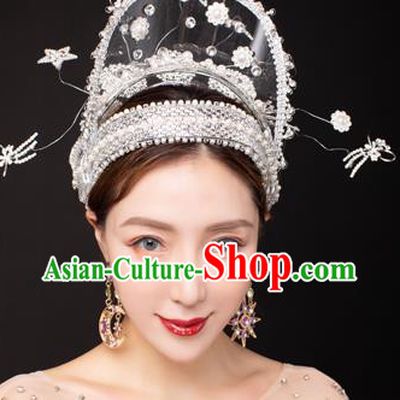 Traditional Chinese Stage Show Deluxe White Hair Crown Headdress Handmade Catwalks Hair Accessories for Women