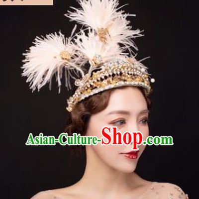 Traditional Chinese Stage Show Feather Golden Royal Crown Headdress Handmade Catwalks Hair Accessories for Women