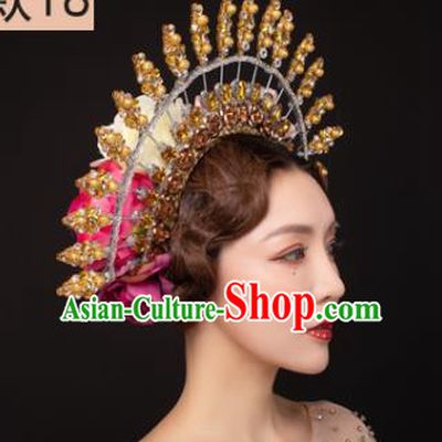 Traditional Chinese Stage Show Golden Royal Crown Headdress Handmade Catwalks Hair Accessories for Women