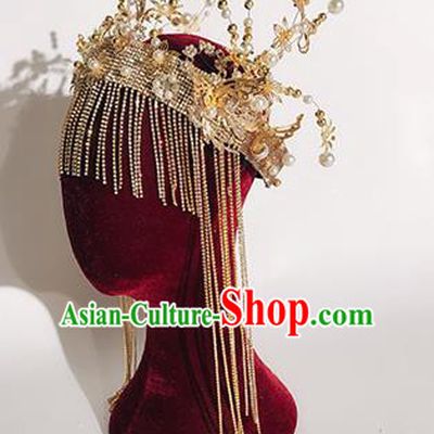 Traditional Chinese Stage Show Tassel Golden Royal Crown Headdress Handmade Catwalks Hair Accessories for Women