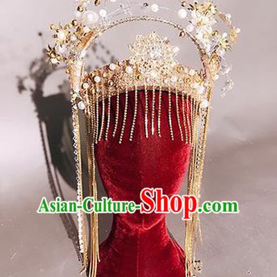 Traditional Chinese Stage Show Tassel Golden Royal Crown Headdress Handmade Catwalks Hair Accessories for Women