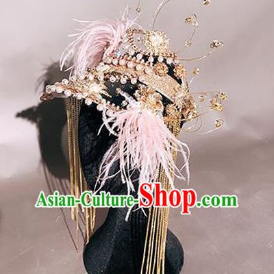 Traditional Chinese Stage Show Pink Feather Top Hat Headdress Handmade Catwalks Hair Accessories for Women