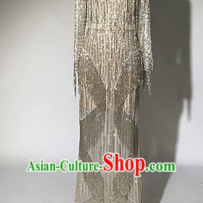 Top Grade Modern Dance Golden Paillette Tassel Full Dress Catwalks Compere Costume for Women