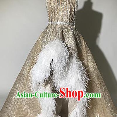 Top Grade Modern Dance Feather Golden Trailing Full Dress Catwalks Compere Costume for Women
