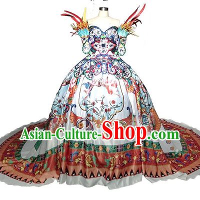 Top Grade Modern Dance Printing White Trailing Full Dress Catwalks Compere Costume for Women