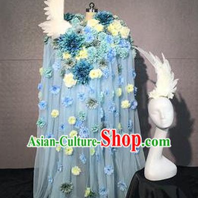 Top Grade Modern Dance Fairy Blue Flowers Short Dress Catwalks Compere Costume for Women