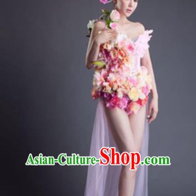 Top Grade Modern Dance Pink Feather Flowers Dress Catwalks Compere Costume for Women