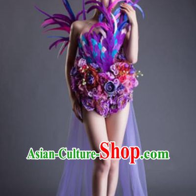 Top Grade Modern Dance Purple Feather Flowers Dress Catwalks Compere Costume for Women