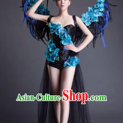 Top Grade Modern Dance Black Feather Wings Dress Catwalks Compere Costume for Women