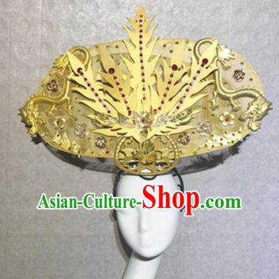 Traditional Chinese Court Stage Show Deluxe Golden Dragon Phoenix Headdress Handmade Catwalks Hair Accessories for Women