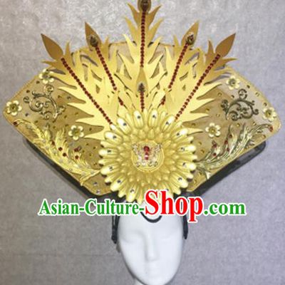 Traditional Chinese Court Stage Show Deluxe Golden Phoenix Headdress Handmade Catwalks Hair Accessories for Women
