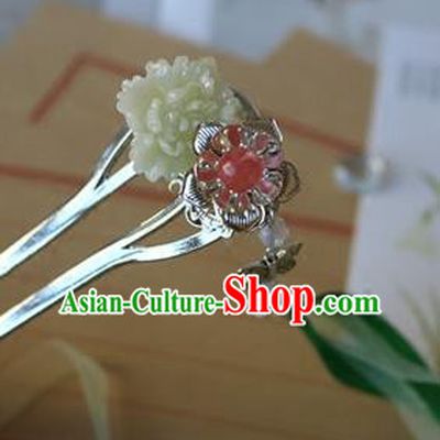 Traditional Chinese Palace Carving Green Peony Hairpin Headdress Ancient Court Hair Accessories for Women