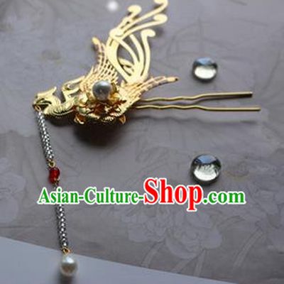 Traditional Chinese Bride Golden Phoenix Hair Clip Hairpin Headdress Ancient Court Hair Accessories for Women