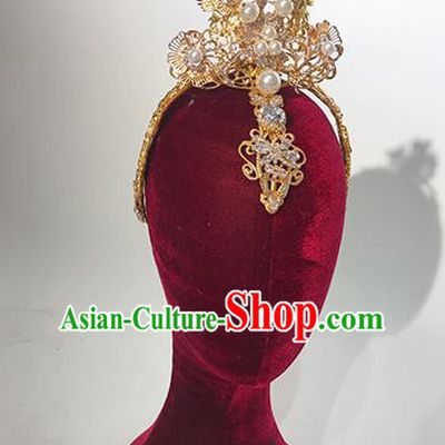 Traditional Chinese Stage Show Golden Royal Crown Headdress Handmade Catwalks Hair Accessories for Women